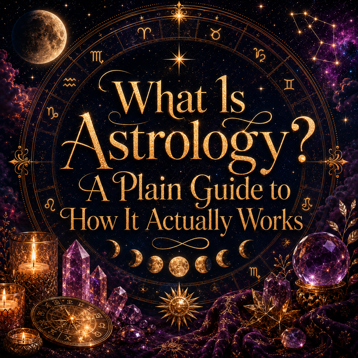 Celestial astrology image featuring a golden zodiac wheel, moon phases, stars, crystals, candles, and the title What Is Astrology? A Plain Guide to How It Actually Works.