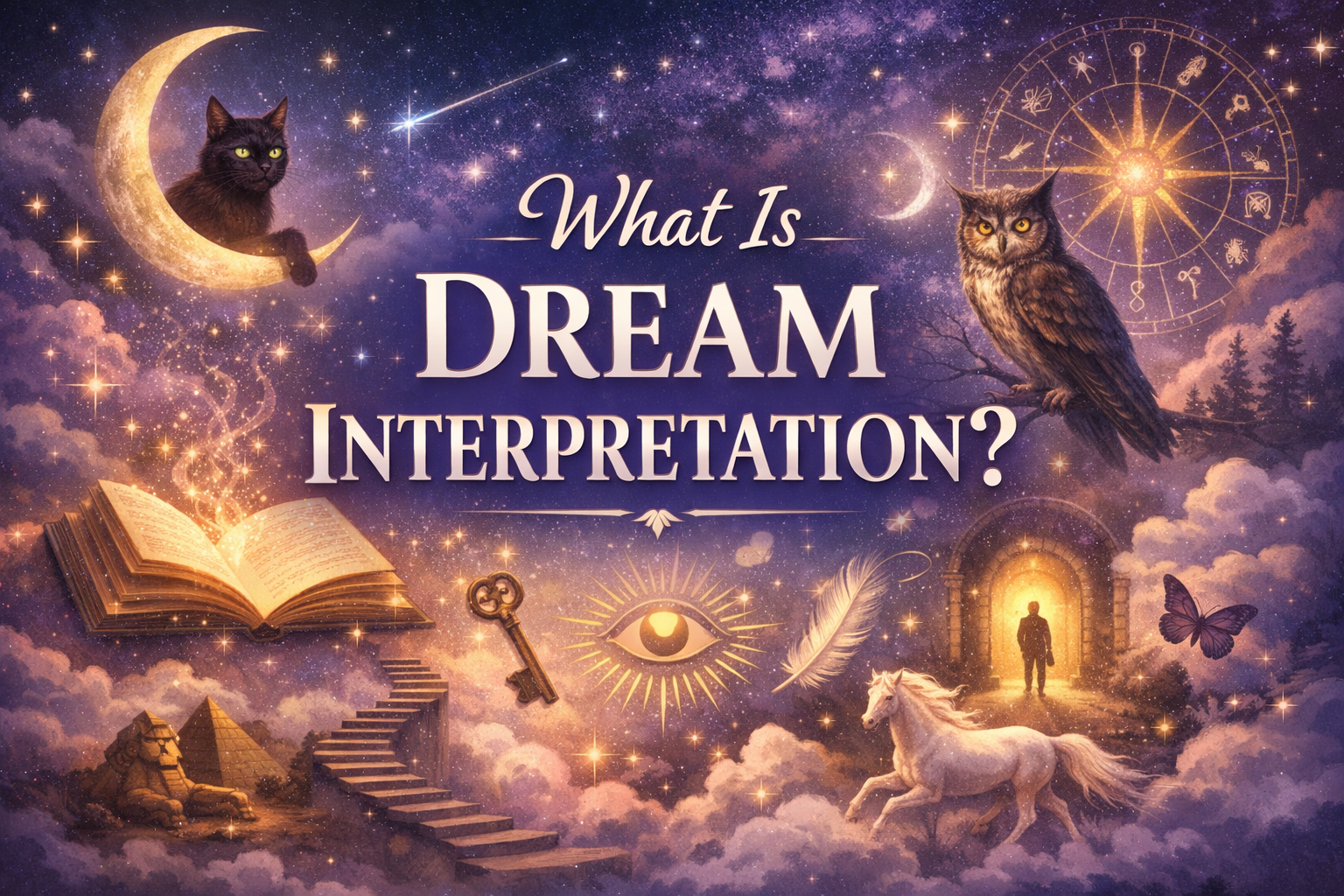 Mystical dream interpretation scene with symbols, open book, owl, crescent moon, and glowing portal representing understanding dream meanings