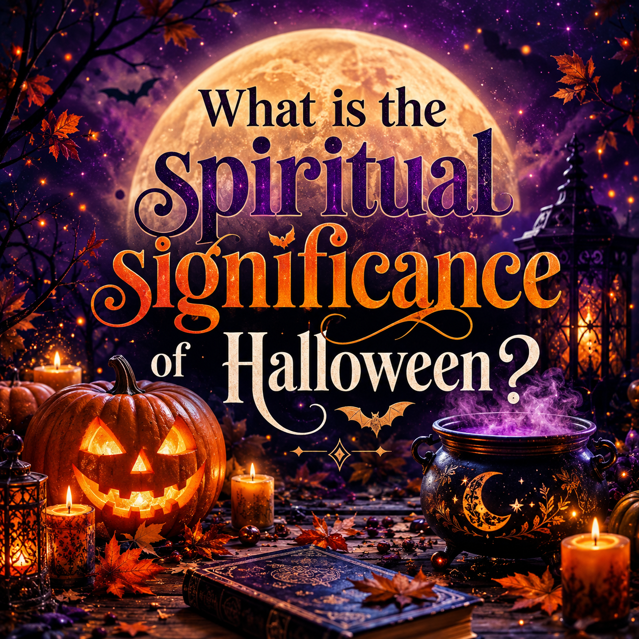 purple backgroung with an orange moon with the text "what is the spiritual signficance of halloween?" with a Jack O Lantern, tarot cards, bat and calduron 
