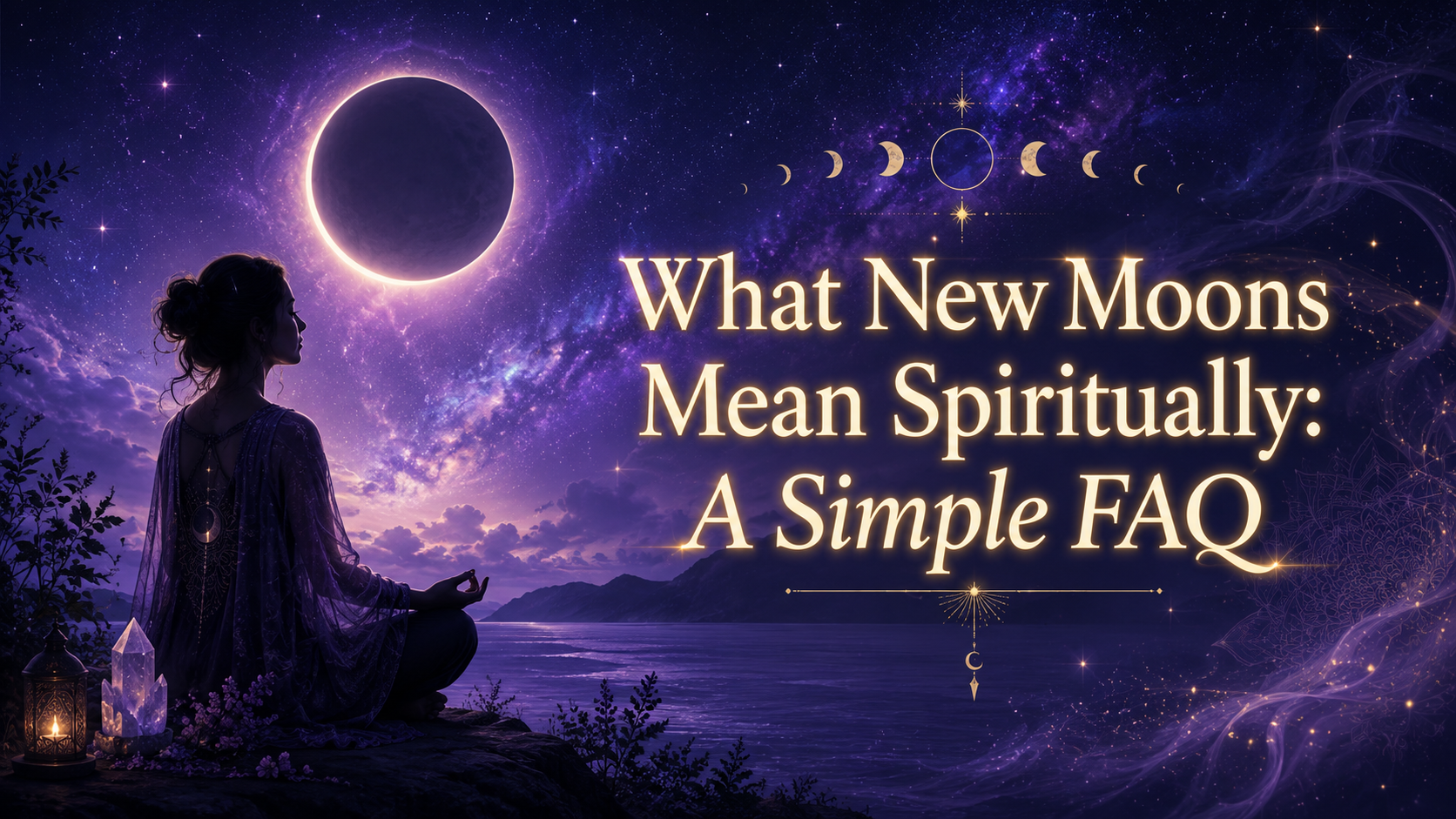 Woman meditating beneath a glowing new moon with the words What New Moons Mean Spiritually: A Simple FAQ.