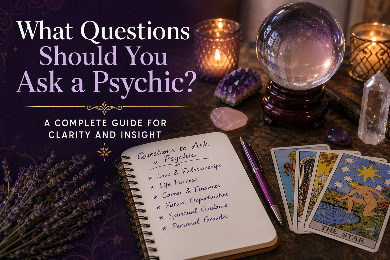 Notebook with questions to ask a psychic alongside tarot cards, crystal ball, and candles representing clarity, guidance, and insight during a psychic reading