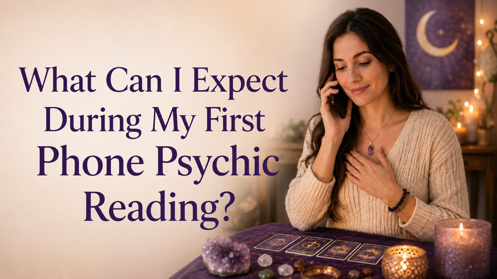 Woman having her first phone psychic reading in a warm, peaceful setting.