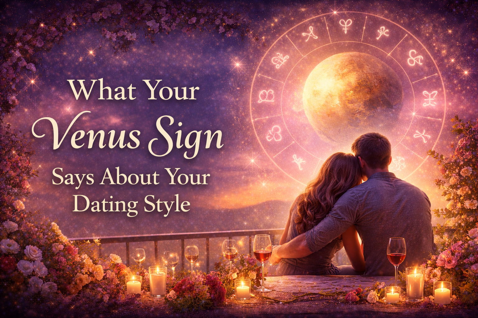Astrology image showing a romantic couple under a glowing Venus planet and zodiac wheel illustrating how your Venus sign influences your dating style and love patterns.