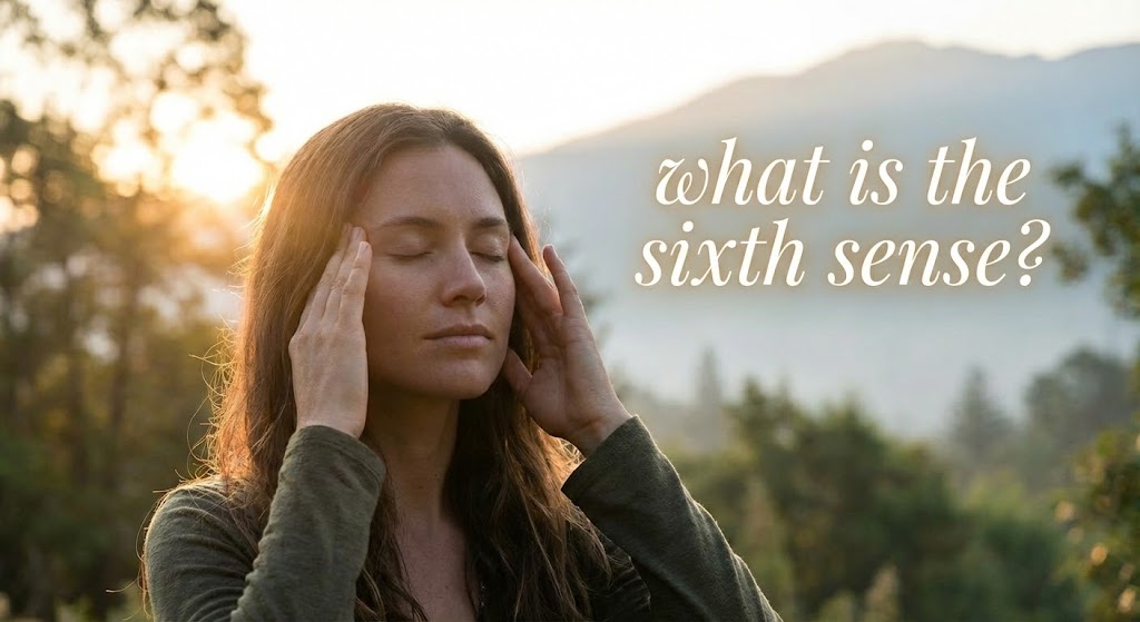 Woman touching her temples with eyes closed, symbolizing intuition, with the text overlay "What is the sixth sense?"