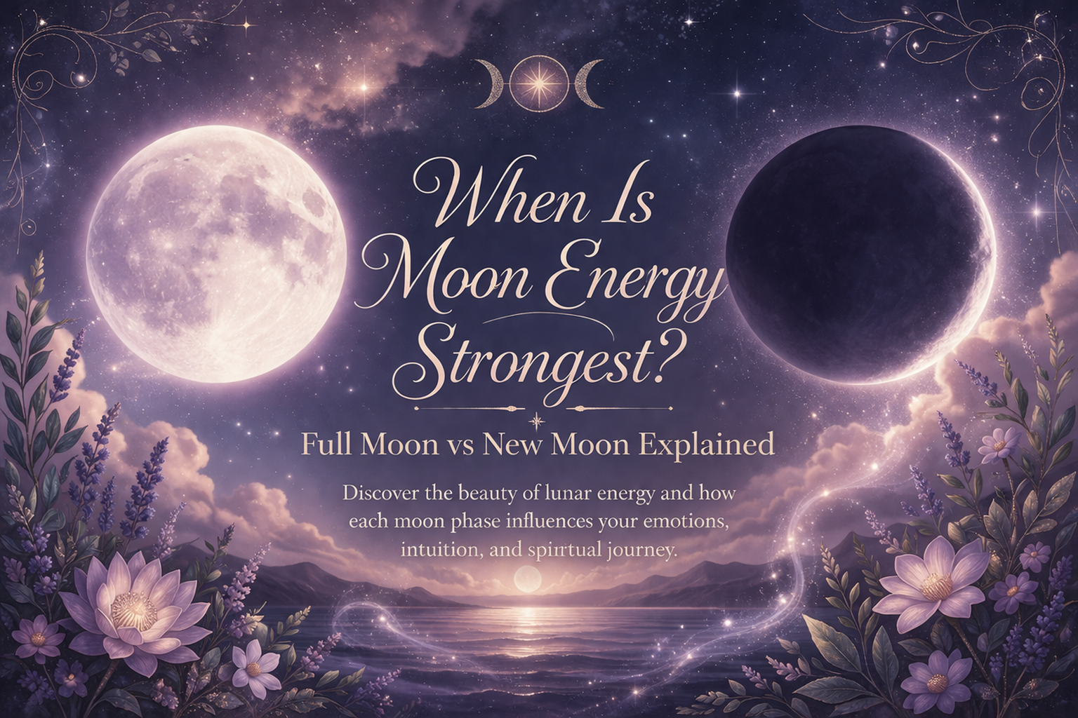 Mystical illustration of full moon and new moon energy over a glowing lake representing intuition emotional energy and spiritual connection