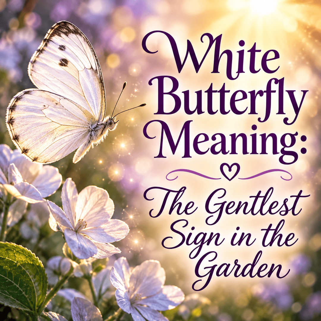 White butterfly meaning illustration showing a white butterfly as a spiritual symbol of peace, hope, purity, gentle guidance, and new beginnings.