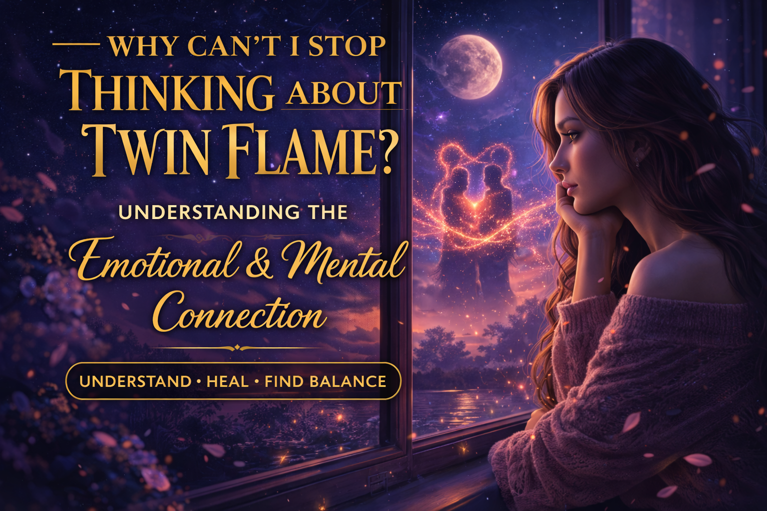Feminine image of a woman looking out a window at night thinking about her twin flame, symbolizing emotional connection, longing, and constant thoughts
