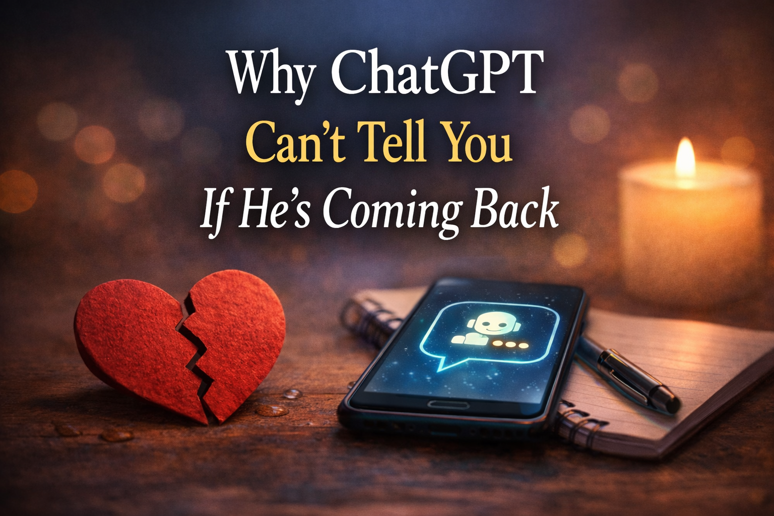 Broken heart beside phone showing AI chat and candle representing asking AI if an ex is coming back