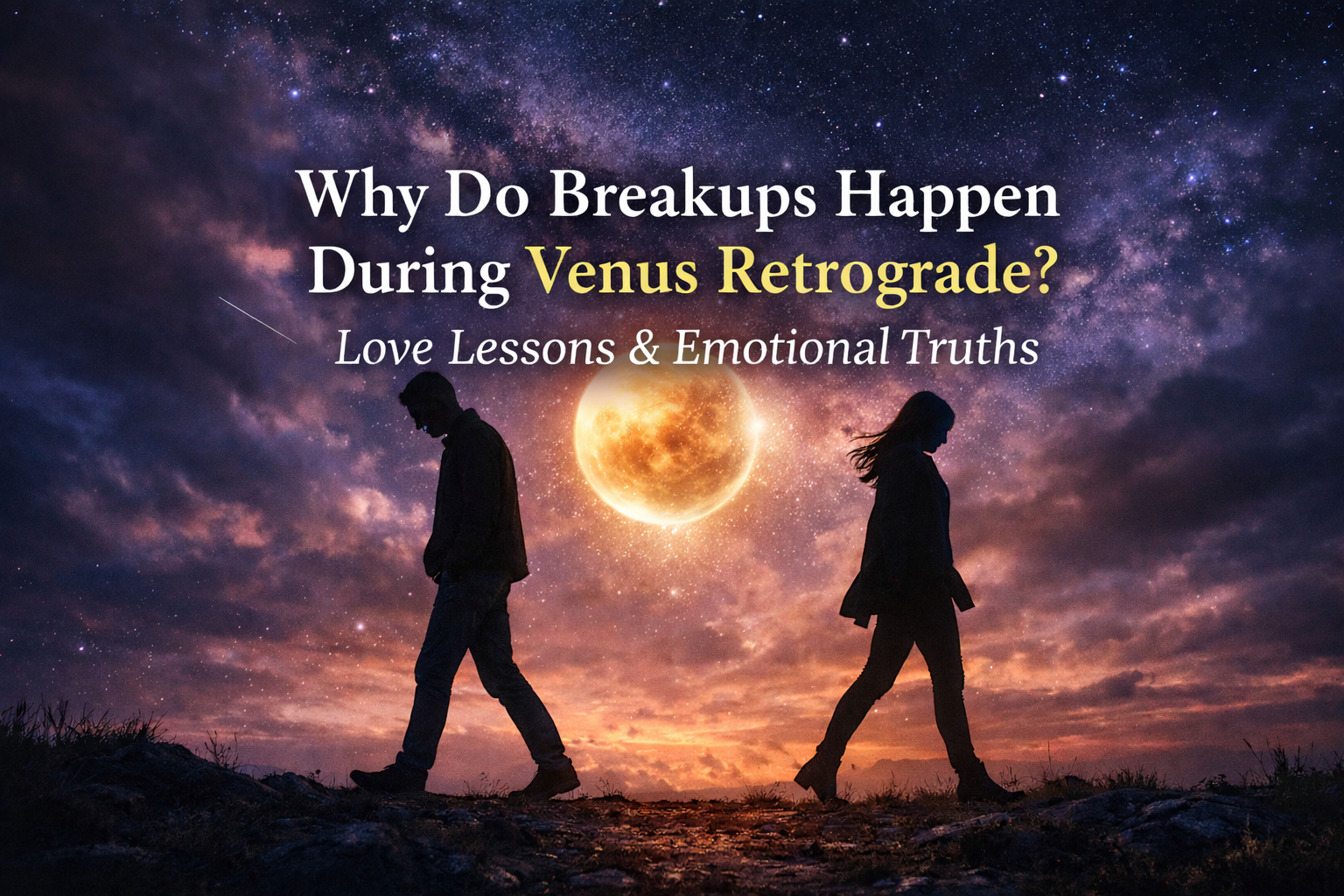 Venus Retrograde breakup image with couple walking apart under a glowing Venus in a cosmic sky.