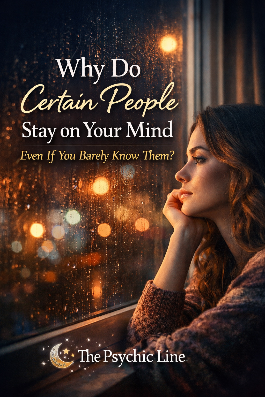 Woman looking out a window at night thinking deeply about someone she cannot stop thinking about, representing emotional connection and curiosity