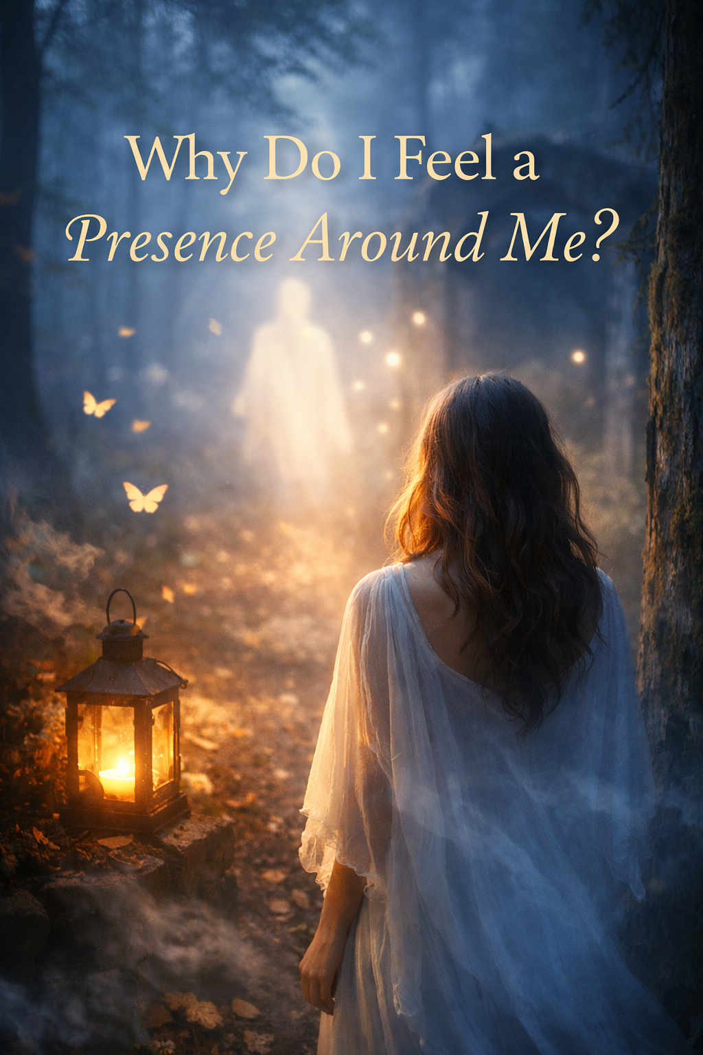 Woman in a misty forest seeing a glowing spirit figure with text "Why Do I Feel a Presence Around Me?" representing spiritual energy, intuition, and sensing a presence