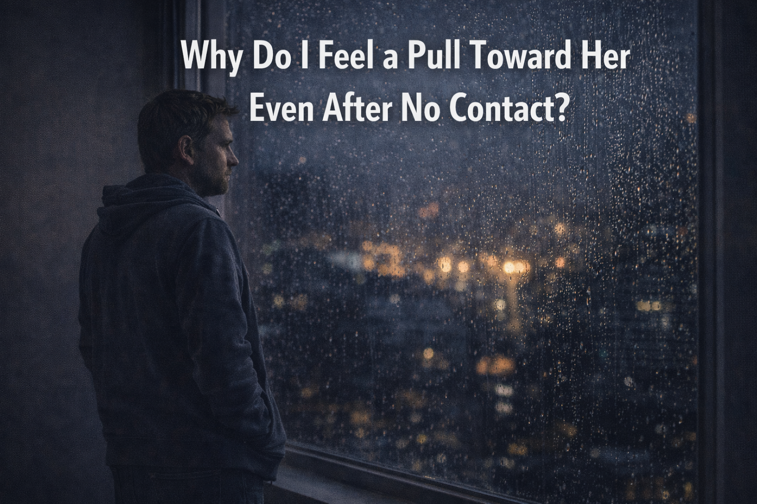 Man standing by a window feeling an emotional pull toward a woman after no contact
