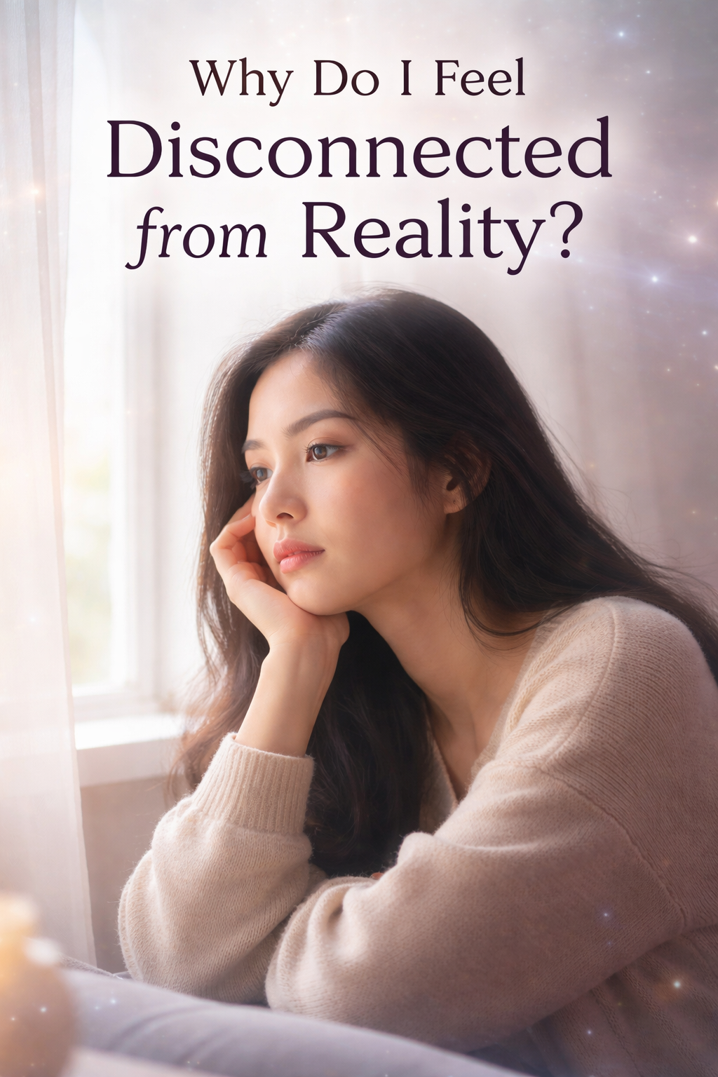 Woman sitting by a window looking distant and introspective with soft spiritual lighting representing feeling disconnected from reality