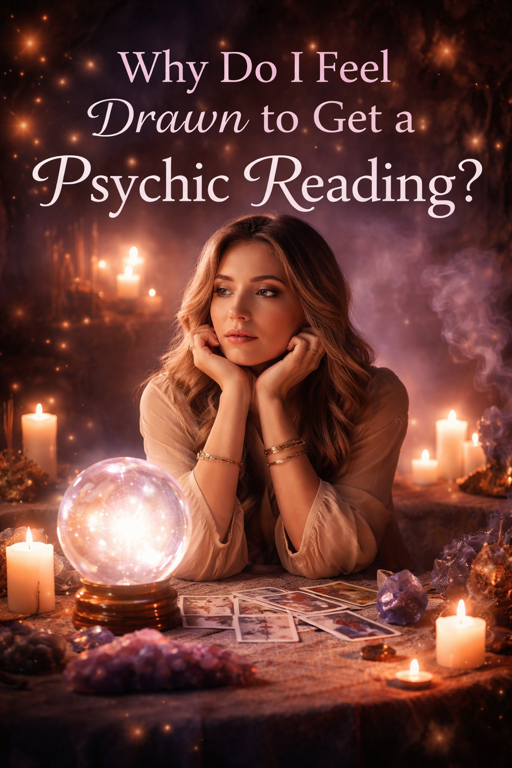 Woman sitting at a candlelit table with tarot cards and a glowing crystal ball, representing feeling drawn to a psychic reading for clarity and guidance