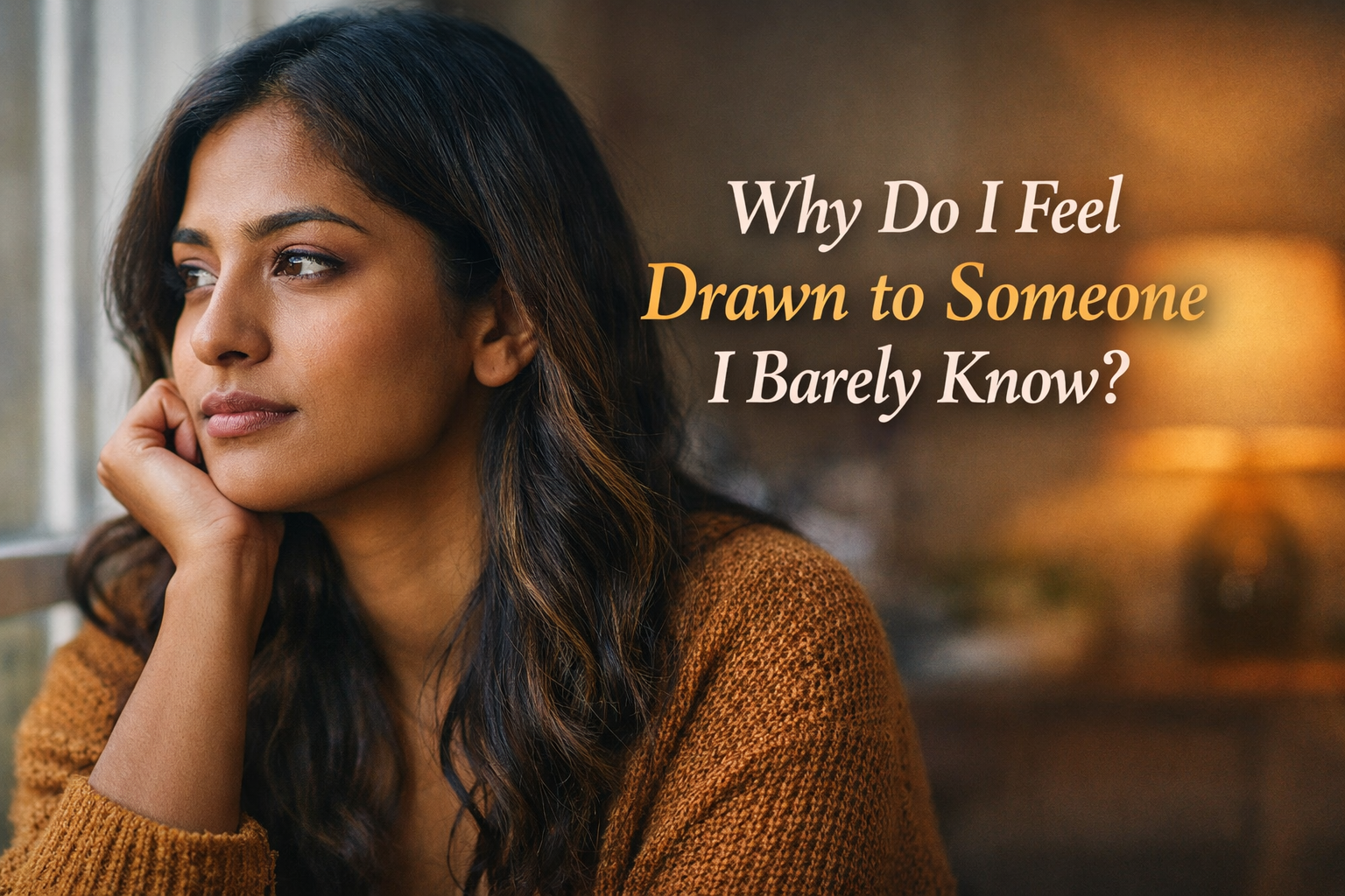Thoughtful woman looking out a window, reflecting on a strong emotional pull toward someone she barely knows