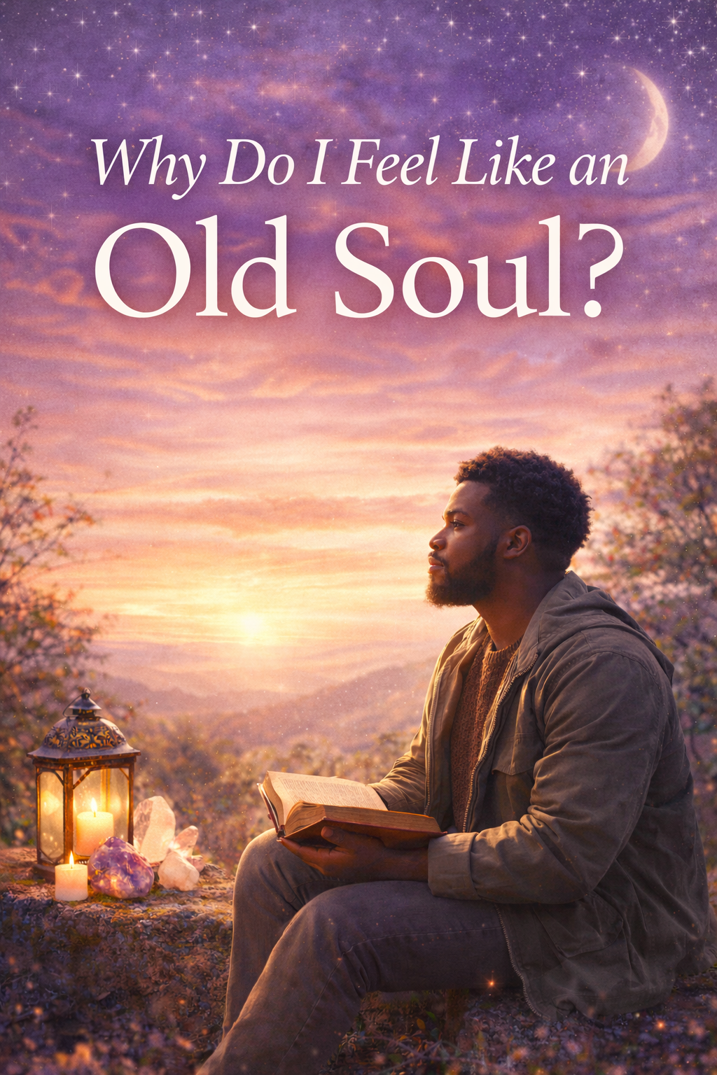 man reflecting at sunset with candle and crystals symbolizing feeling like an old soul