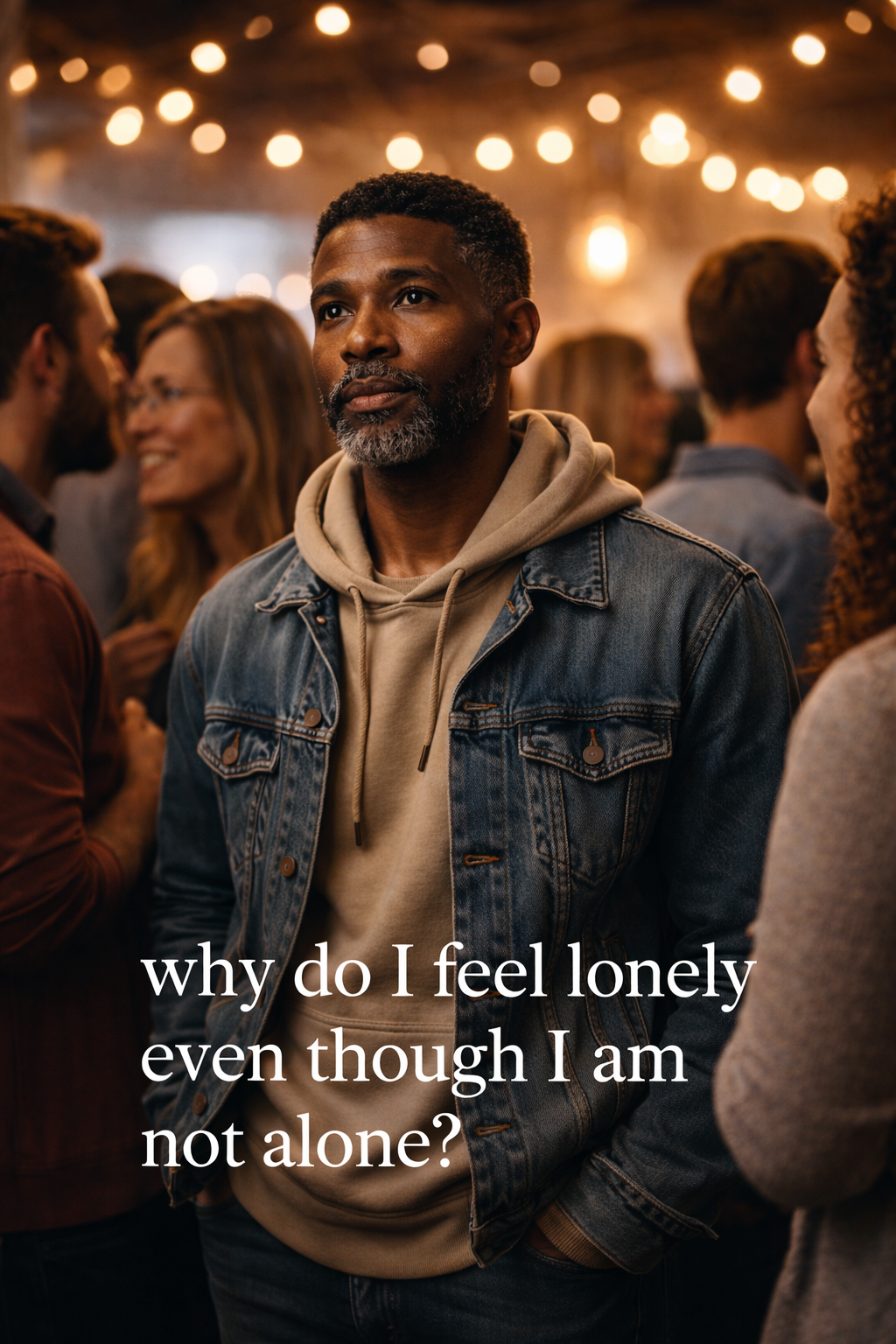 Older Black man standing alone in a crowded room, surrounded by people, representing the feeling of loneliness even when not physically alone.