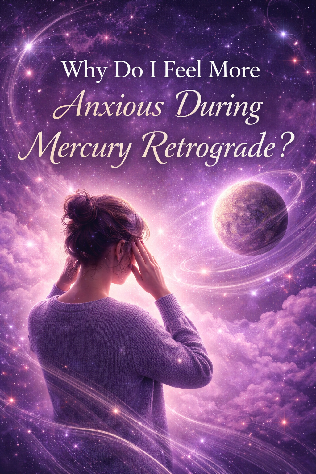 Feminine violet-toned illustration of a woman feeling anxious with the planet Mercury in the background, representing emotional stress during Mercury Retrograde