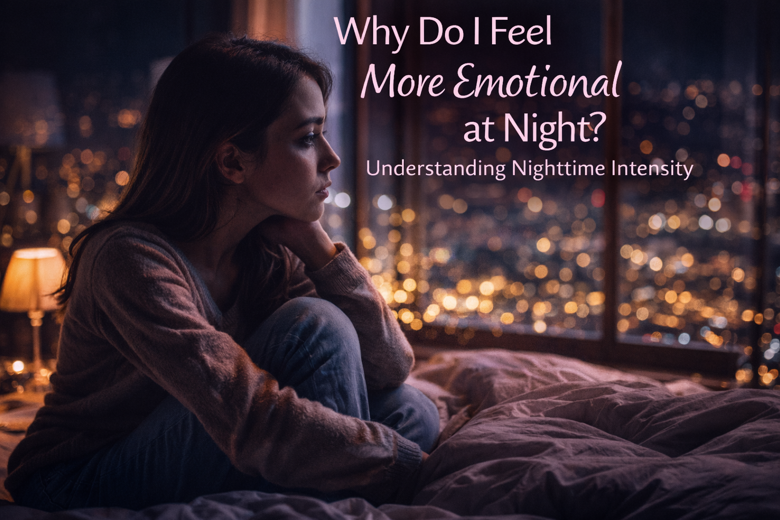 Woman sitting on her bed at night looking out the window feeling emotional and reflective