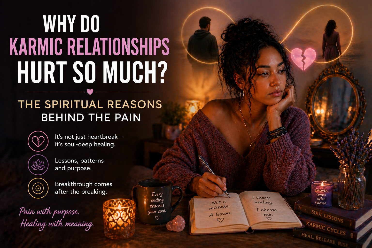 Woman reflecting on a painful karmic relationship, symbolizing emotional healing, spiritual growth, and deep soul connection
