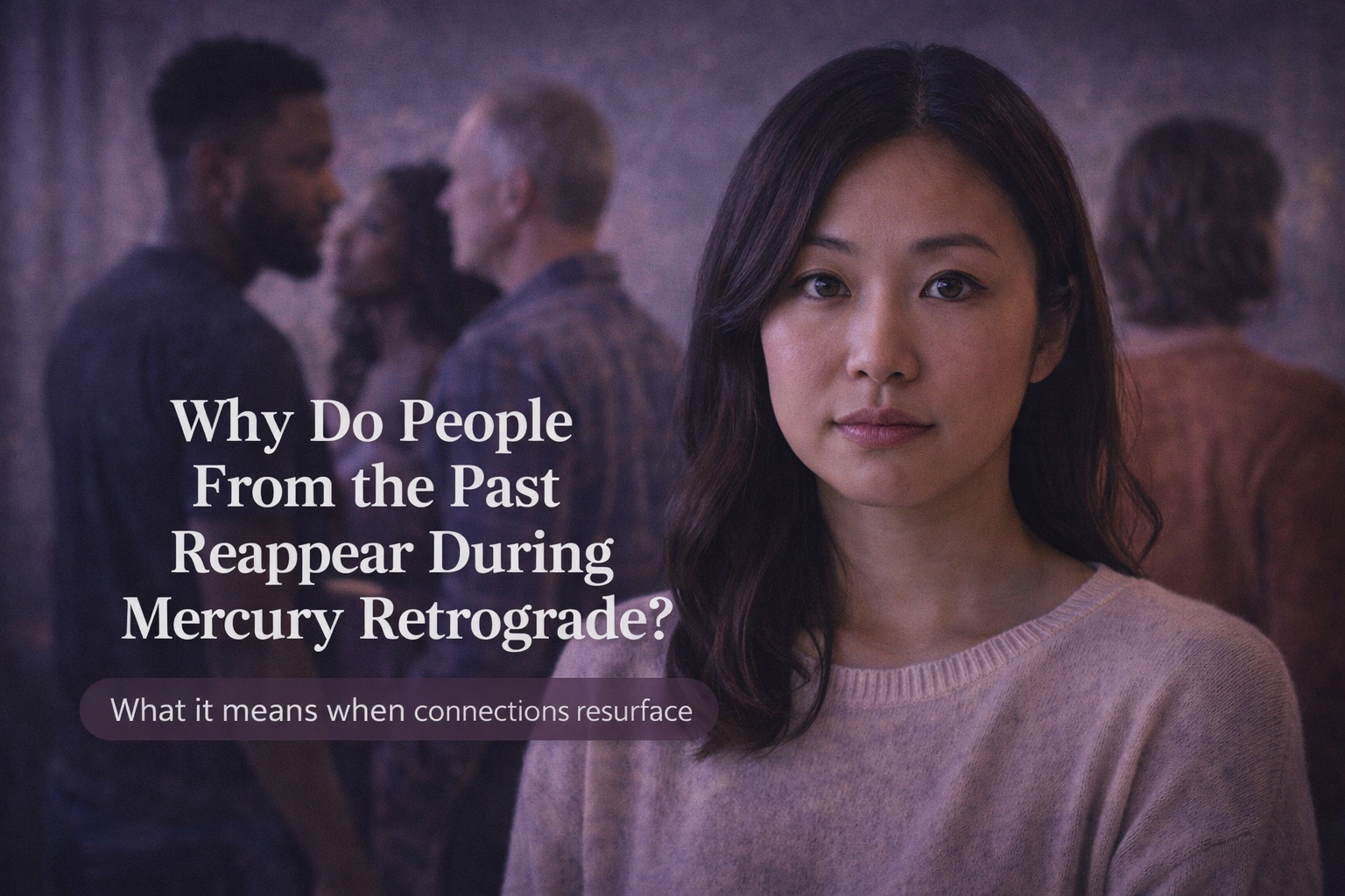Woman reflecting on past relationships with multiple people in background representing emotional and spiritual reconnections during Mercury Retrograde
