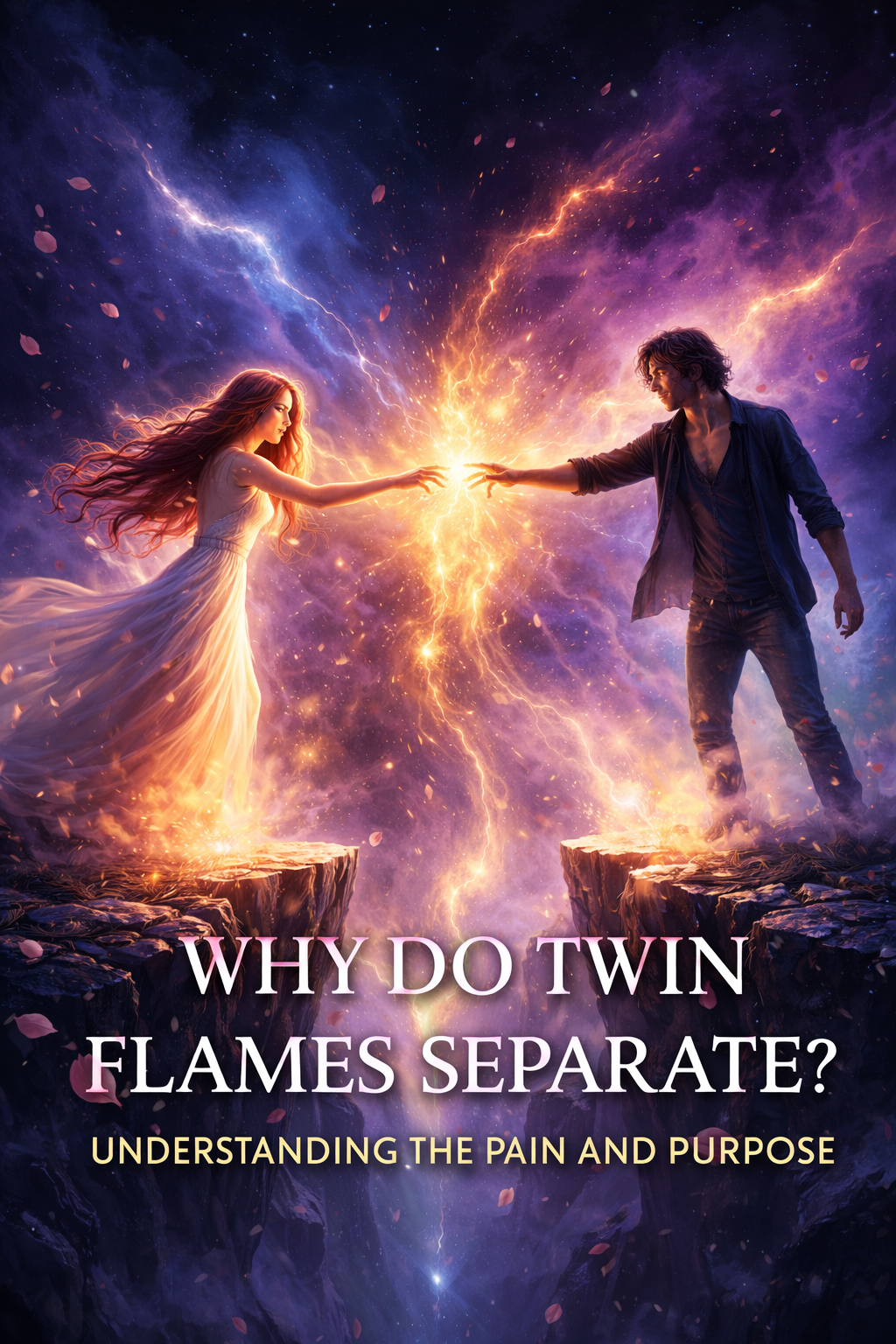 Mystical image of twin flames reaching toward each other across a glowing cosmic divide, symbolizing separation, emotional intensity, and spiritual connection