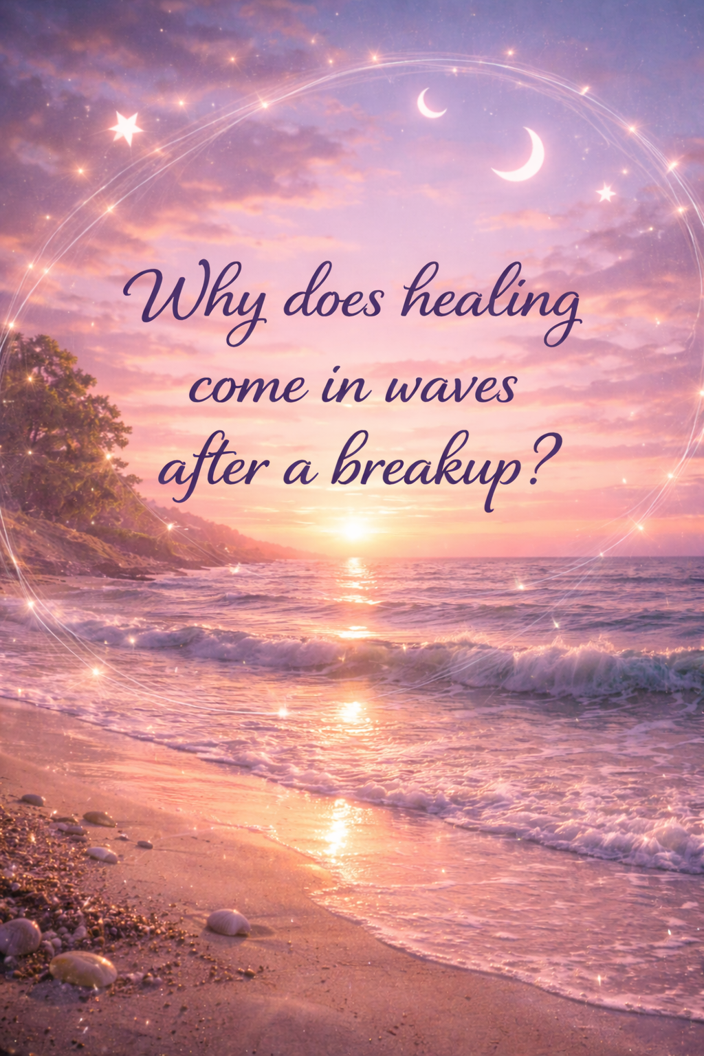 Twilight ocean waves at sunset with purple sky and text reading “Why does healing come in waves after a breakup?”