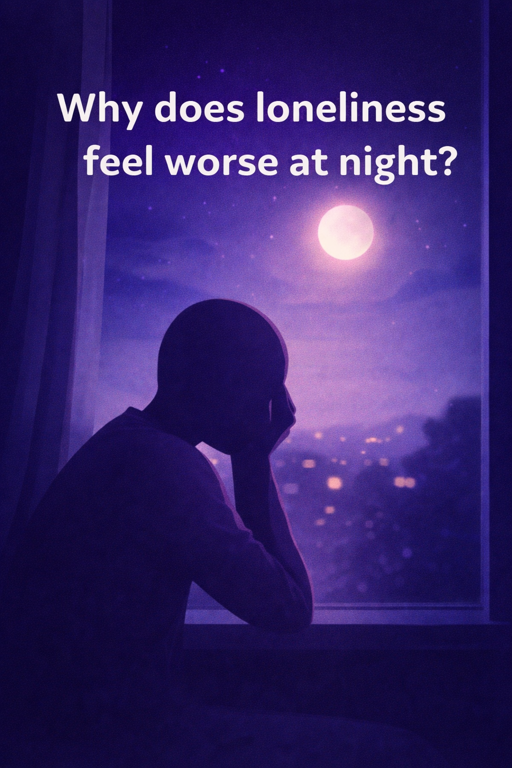 Faceless silhouette sitting by a window at night in purple and violet tones, representing loneliness that feels stronger at night.