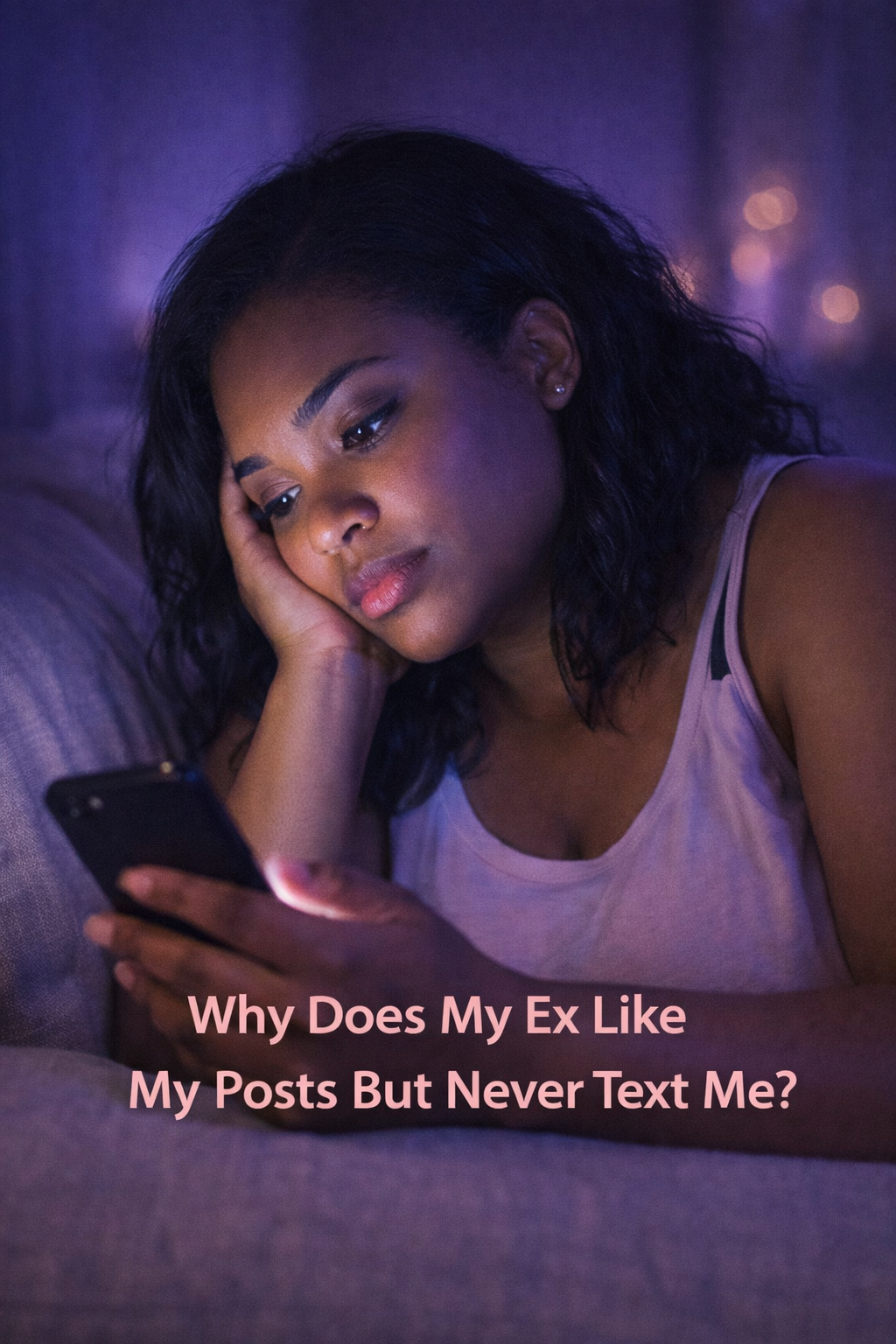 Woman looking at her phone at night wondering why her ex likes her social media posts but never texts her