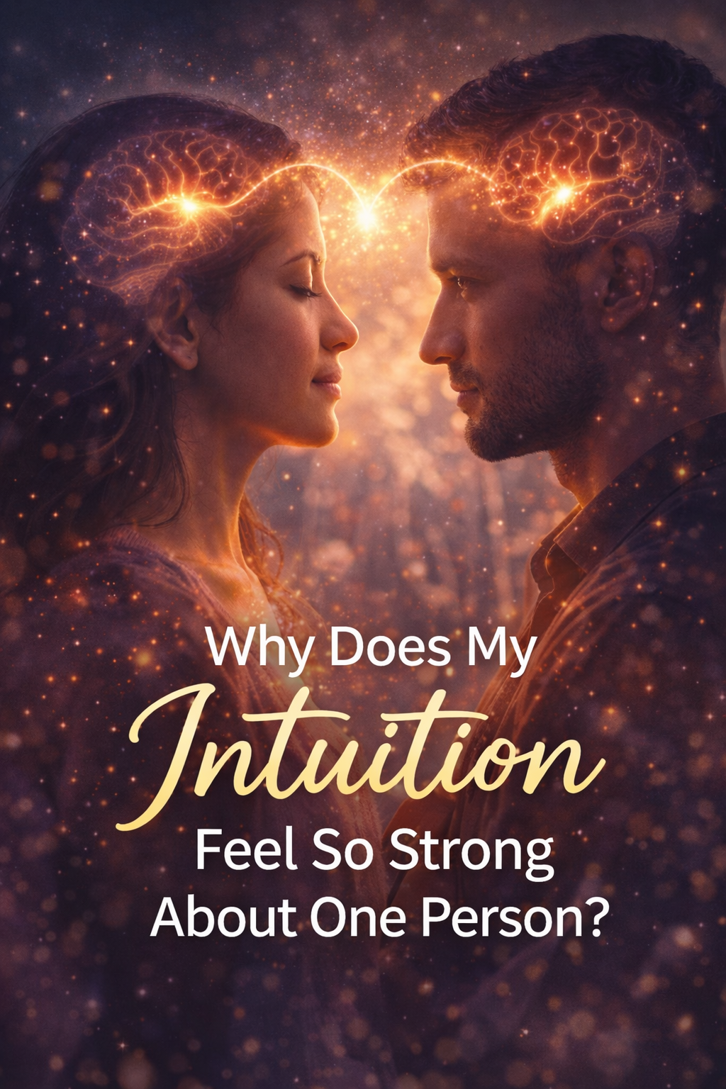 Man and woman facing each other with glowing connection between their minds, representing a strong intuitive and emotional connection between two people