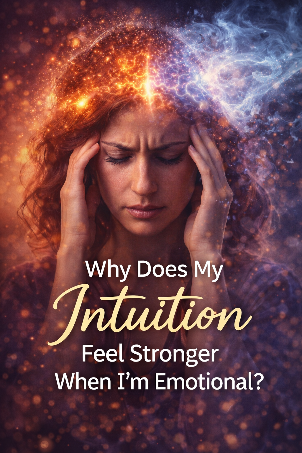 Woman holding her head with glowing energy around her mind, representing the intensity of emotions and how they can amplify intuitive feelings