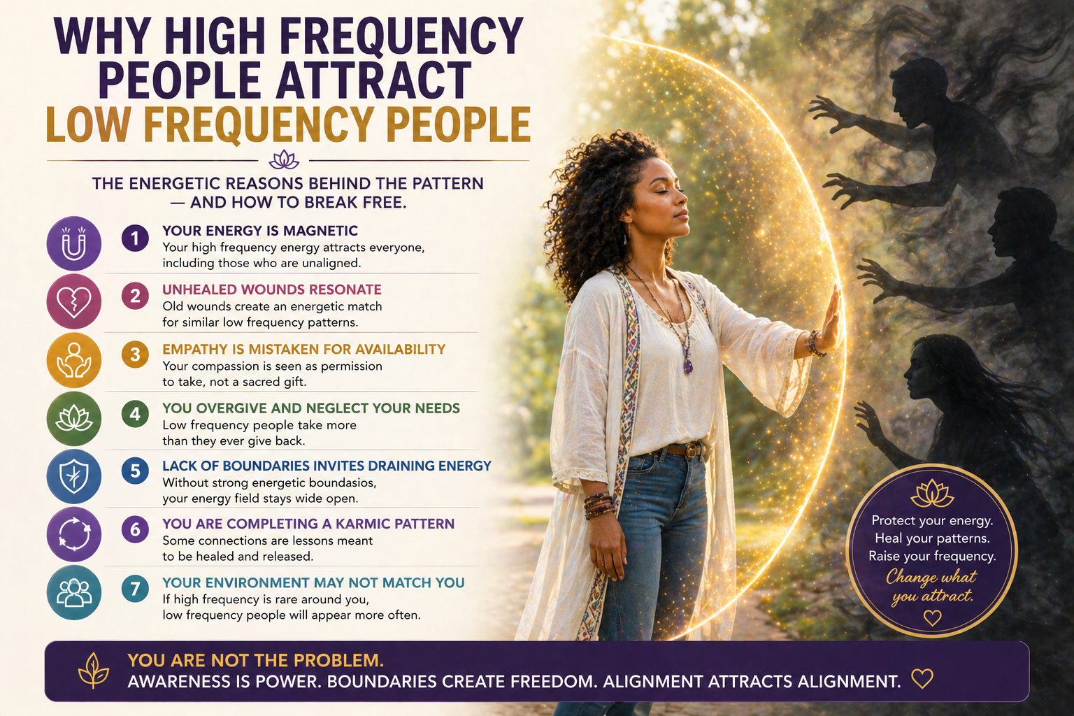 High frequency woman creating energetic boundary while low frequency figures reach toward her, representing why high frequency people attract draining relationships