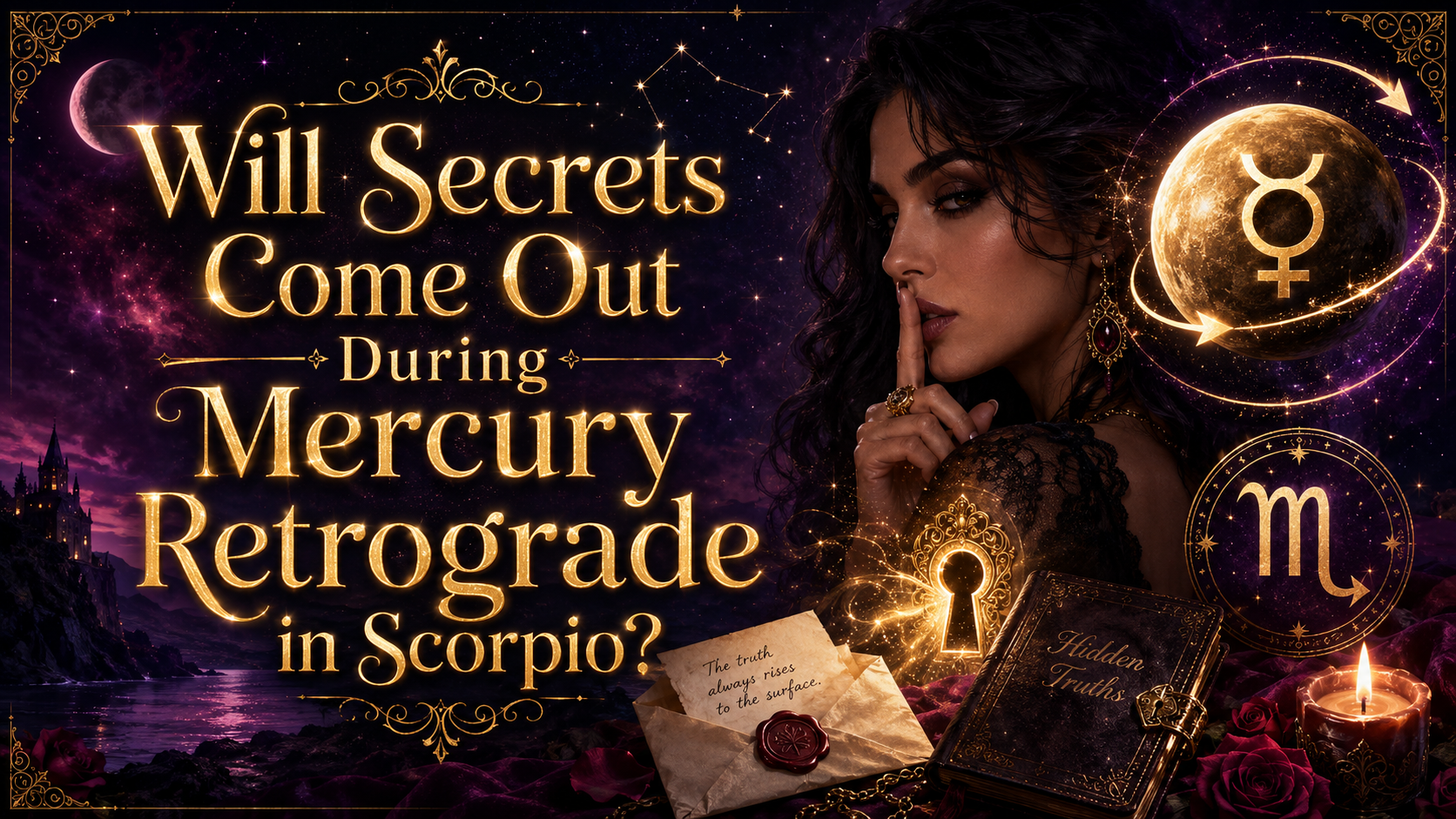 Mercury retrograde in Scorpio image with glowing text, Scorpio and Mercury symbols, and a woman making a shushing gesture.