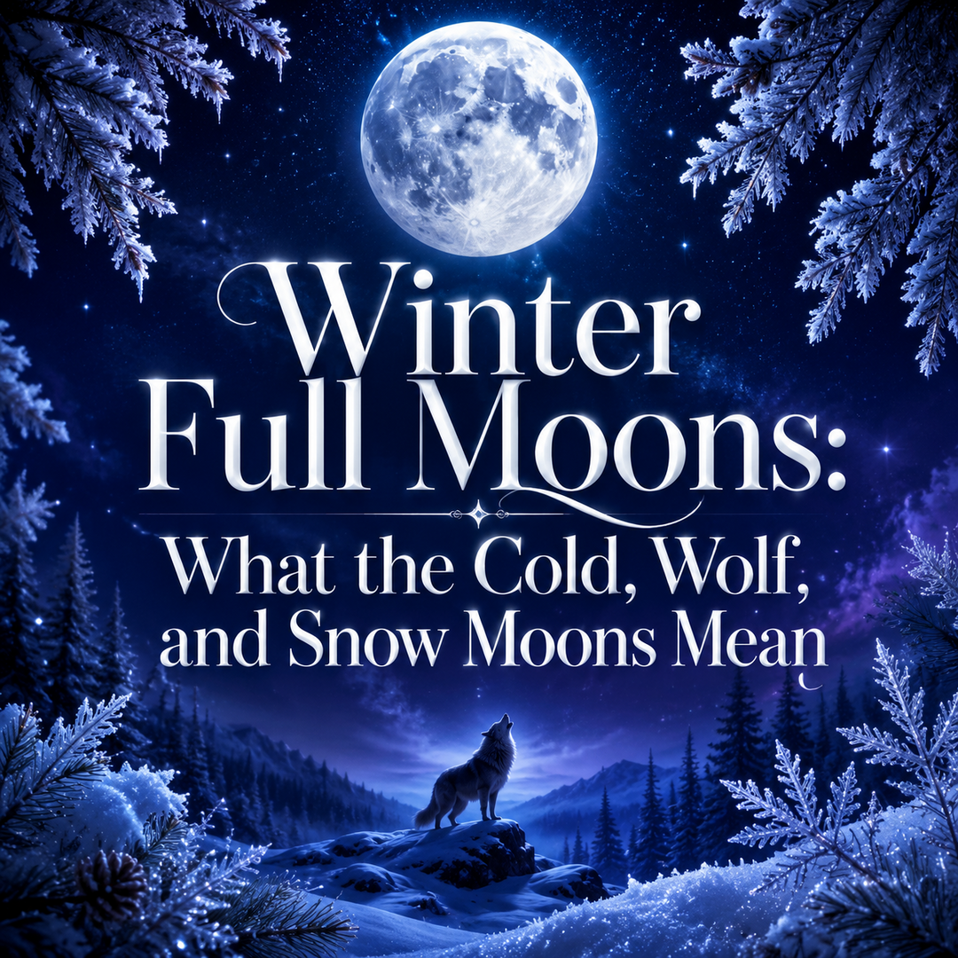 Winter full moon above a snowy forest with a wolf beneath icy branches.