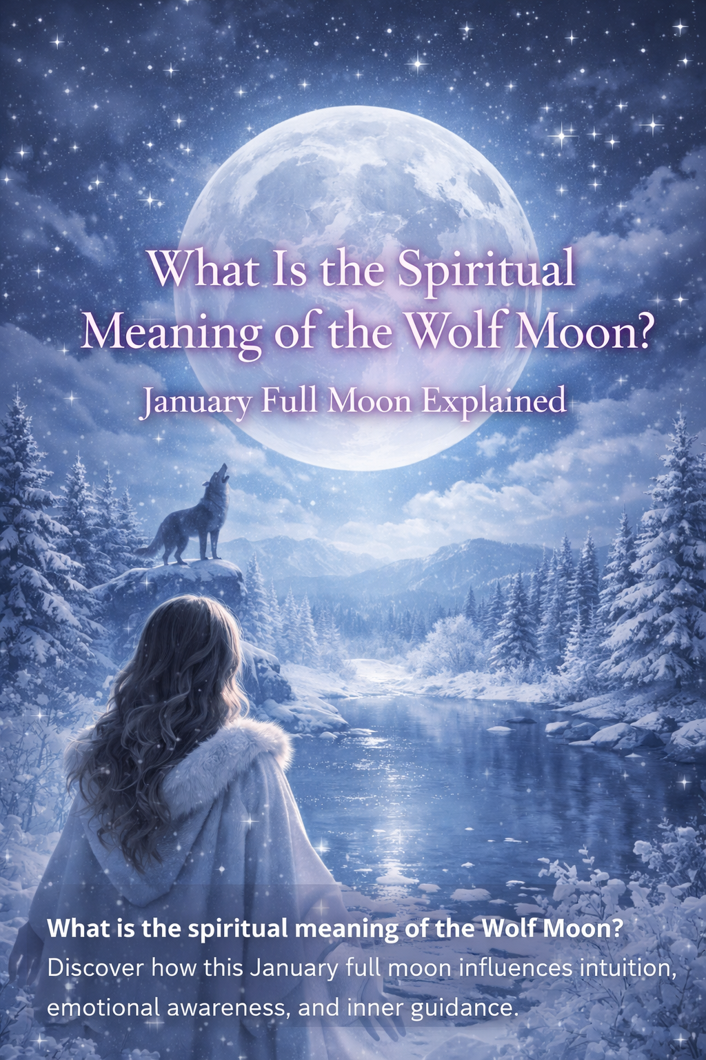 Mystical Wolf Moon illustration with a woman and howling wolf under a glowing full moon representing intuition emotional awareness and inner guidance