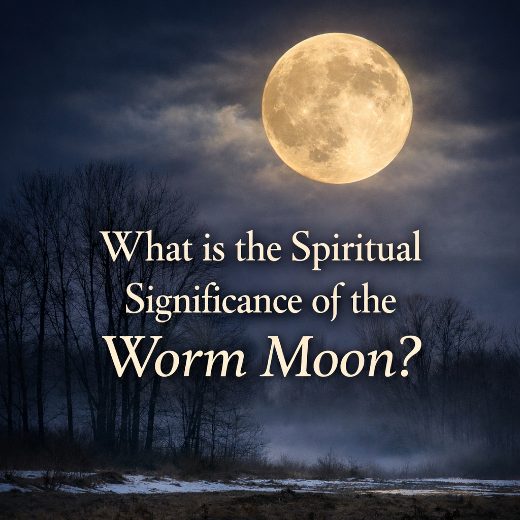 Full Worm Moon rising over bare winter trees with the title “What is the Spiritual Significance of the Worm Moon?” symbolizing renewal, awakening, and the March full moon