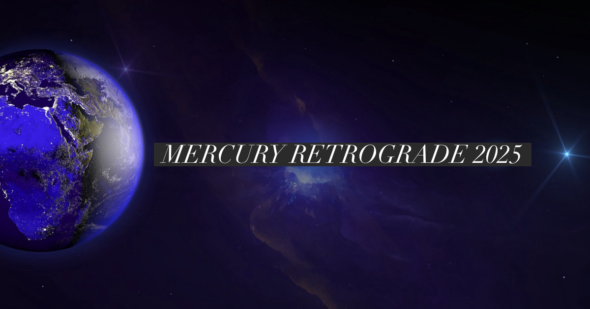 Earth with Mercury far away with text "mercury Retrograde 2025"