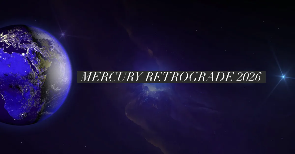 earth from space with Mercury off in the distance with text "mercury retrograde 2026"