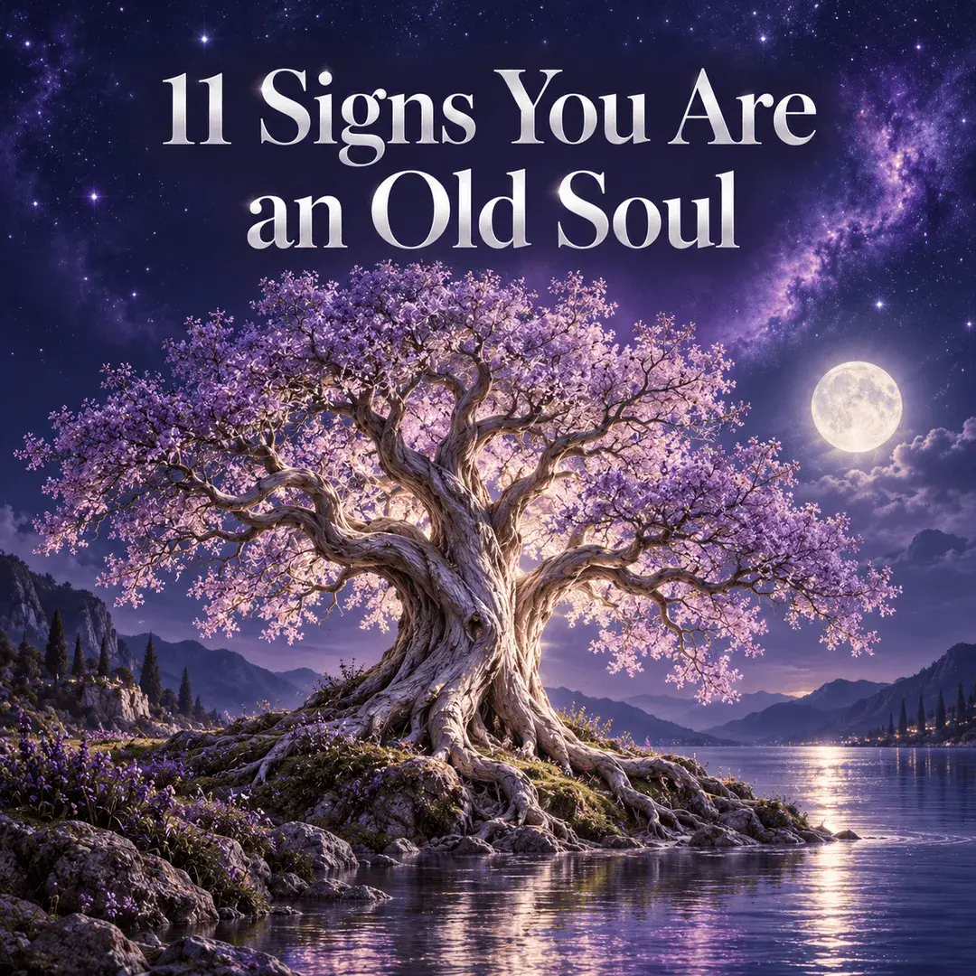 A glowing lilac tree on a moonlit shore under a starry night sky, illustrating the signs of an old soul
