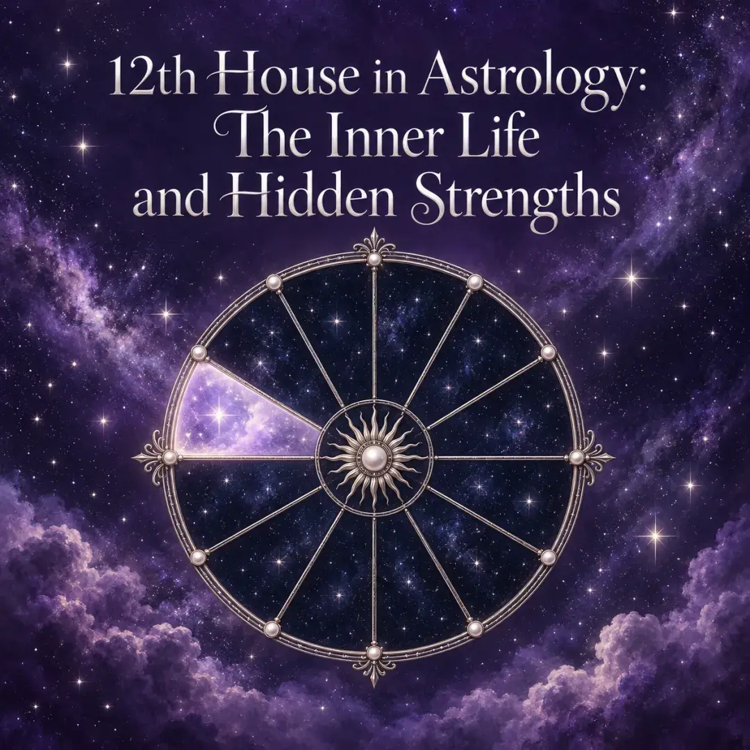 Celestial astrology wheel with the twelfth house illuminated against a violet starry sky.