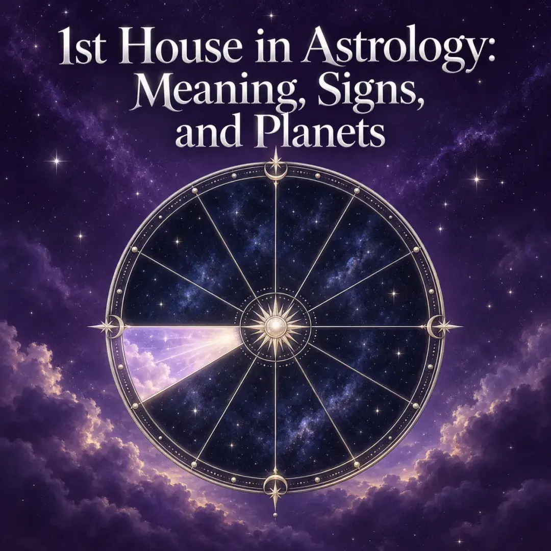 Celestial astrology wheel with the first house illuminated against a violet starry sky.