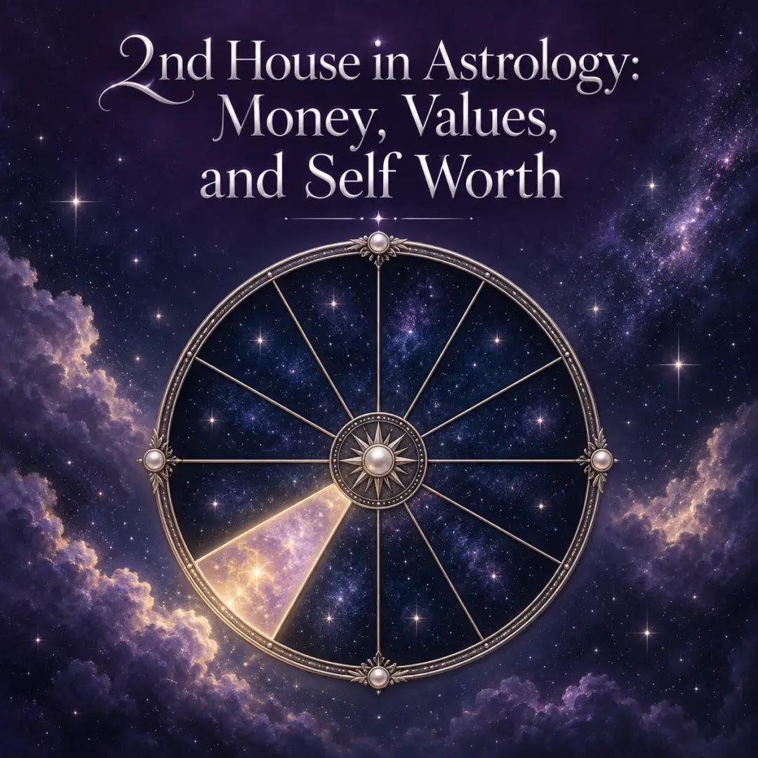 Celestial astrology wheel with the second house illuminated against a violet starry sky.