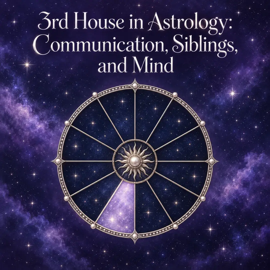 Celestial astrology wheel with the third house illuminated against a violet starry sky.