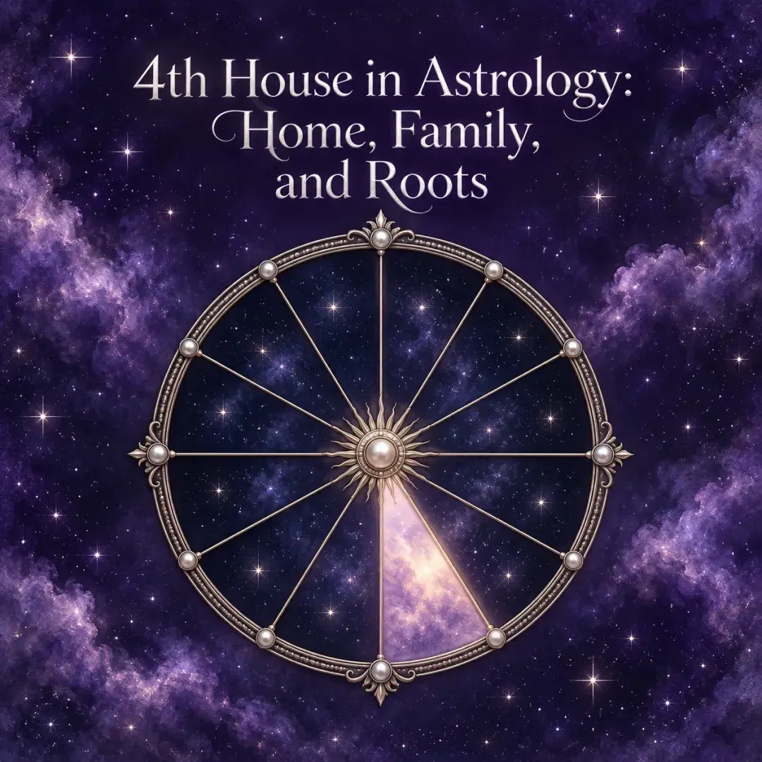 Celestial astrology wheel with the fourth house illuminated against a violet starry sky.
