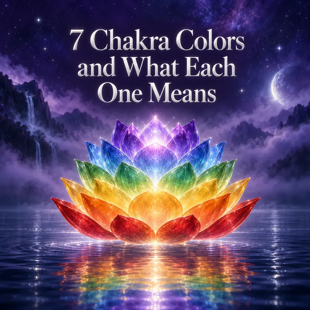 A glowing lotus with petals in the seven chakra colors floating on still water beneath a starry night sky