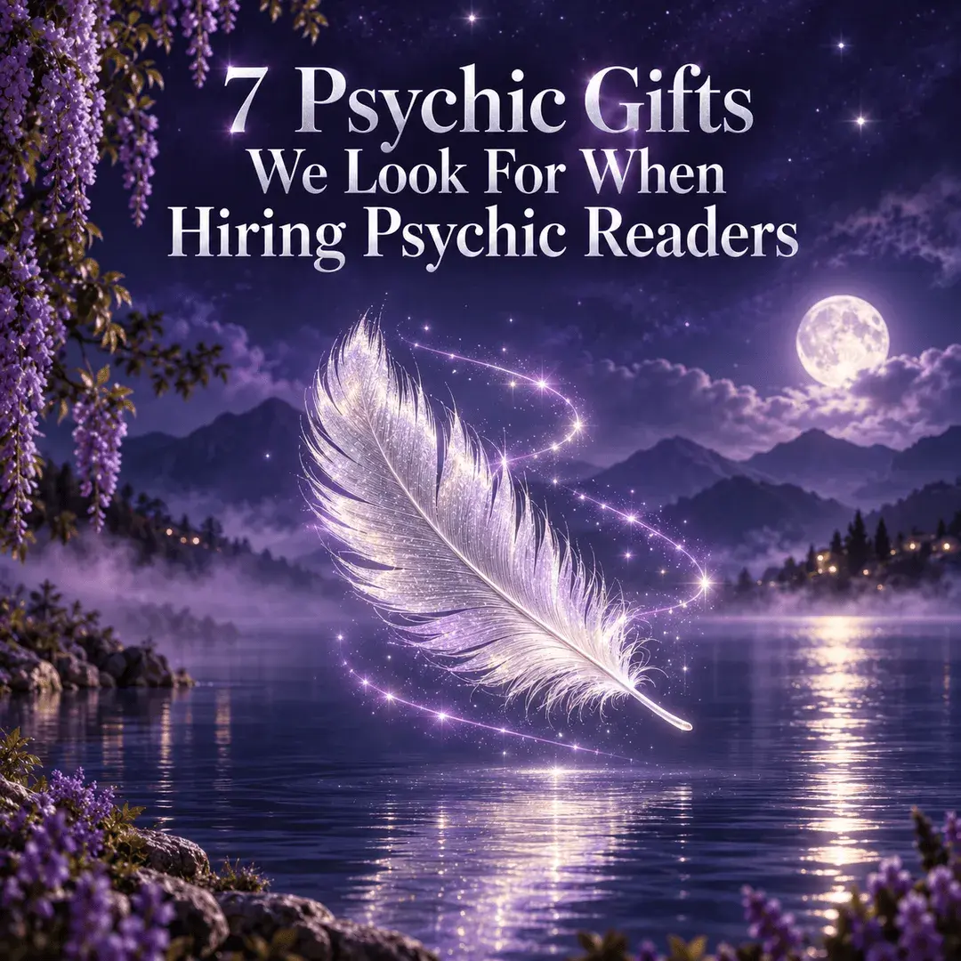 A glowing white feather drifting over a moonlit lake framed by wisteria, representing the gifts of a psychic reader