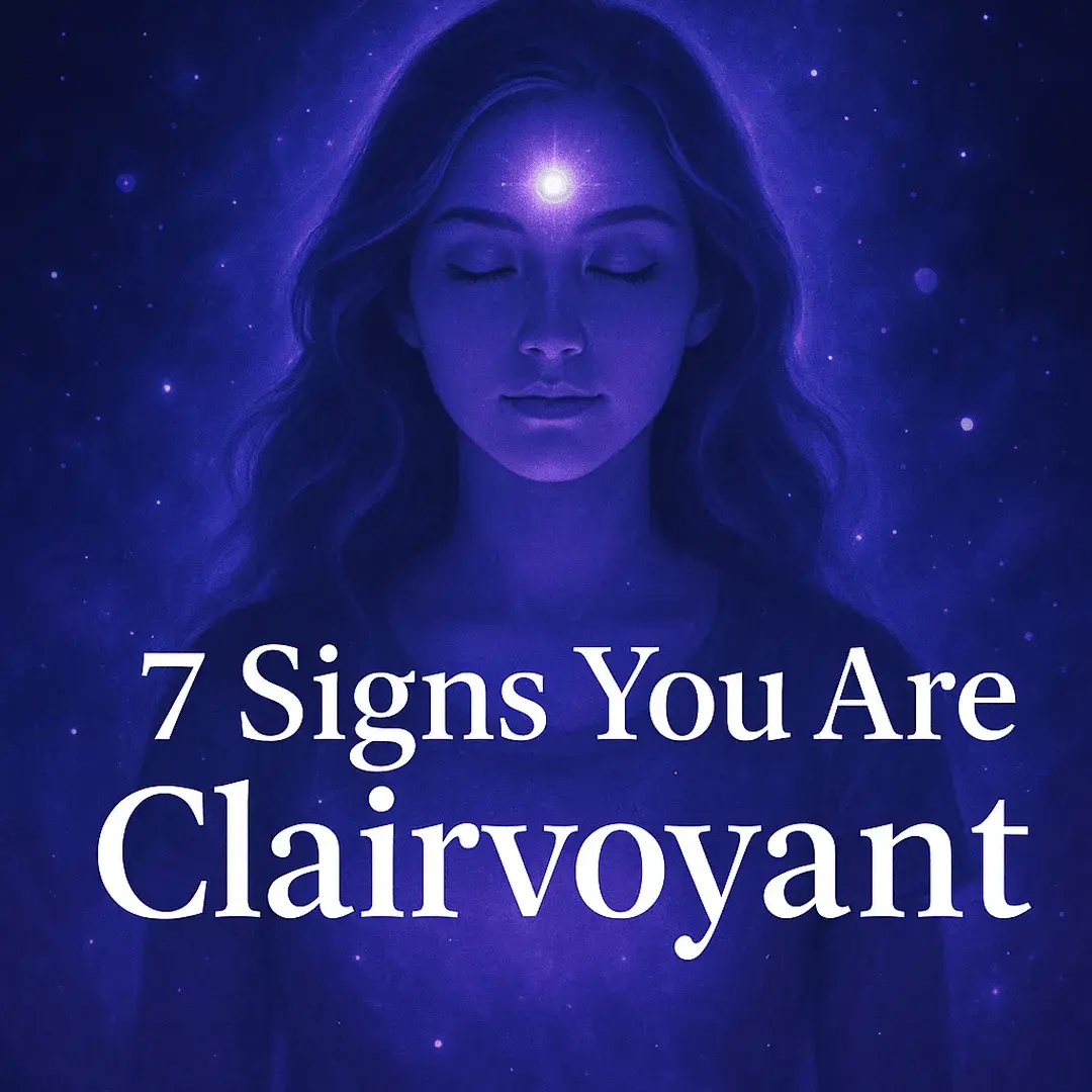 Woman with glowing third eye and violet aura representing clairvoyant energy with white text "7 Signs You Are Clairvoyant"