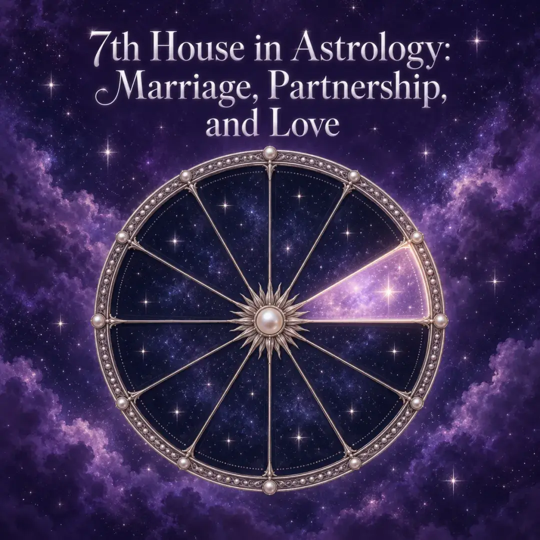 Celestial astrology wheel with the seventh house illuminated against a violet starry sky.