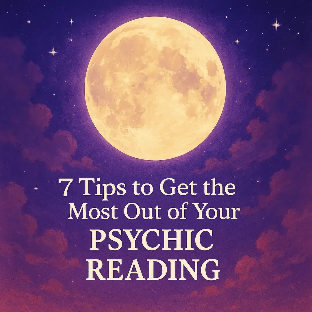 Beautiful illustration of a glowing golden full moon in a purple night sky with swirling clouds, featuring the text “7 Tips to Get the Most Out of Your Psychic Reading.”