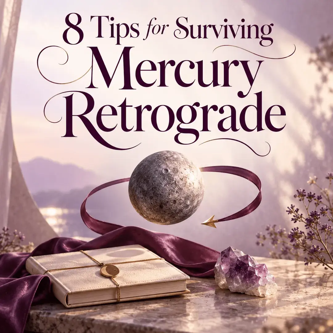 The planet Mercury circled by a plum ribbon above a journal and amethyst on a sunlit marble ledge